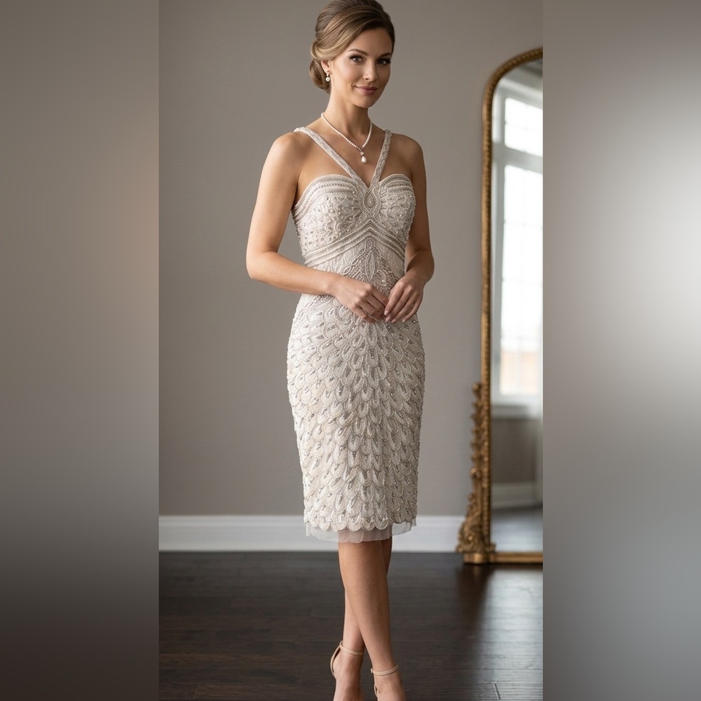 Sue Wong Cream Textured Mini Dress